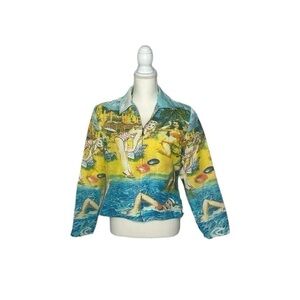 Vintage Patchington Silk Zip Up Jacket Beaded Beach Resort Swimmer size Small